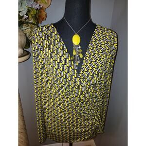 Miss Tina by Tina Knowles Top Women Large Yellow Black Geometric Surplice V Neck